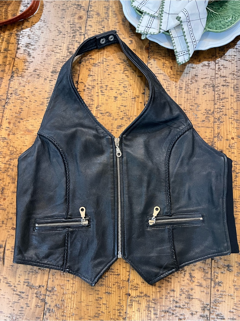 FIRST Genuine Leather Black Halter Motorcycle Vest Zip Front Women’s Size L
